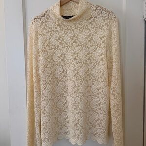 Semi Sheer Stretch Lace Light Yellow Mockneck Top Boho Coquette Romantic Sz XLT